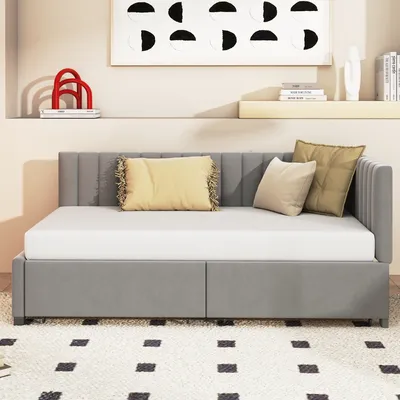 Immagine prodotto di Divano letto Okwish 90 x 200 cm con 2 ampi cassetti e rete a doghe, grigio velluto