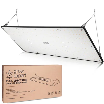 A full spectrum LED grow light and its packaging are shown against a white background.