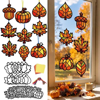 Imagen del producto de Kit de manualidades otoñales para niños, 24 unidades. Decoraciones para ventanas con forma de hojas de arce y efecto de vitral, ideales para Halloween