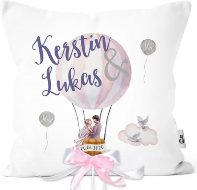 Produktbild von personalisierbare Kissen-Hülle zur Hochzeit, Hochzeitskissen Heißluftballon, Hochzeitsgeschenk Geldgeschenk Kissenhülle mit Schleife Moonworks® mit Schleife 40cm x 40cm