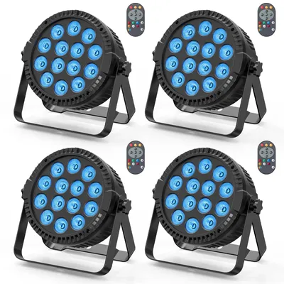 Produktbild von LED Bühnenbeleuchtung - 14 LED PAR Scheinwerfer 4er Set - 80 W - RGBW 4-in-1 - DMX512, Soundsteuerung, Master-Slave - Flaches Discolicht mit Fernbedienung - EU Stecker