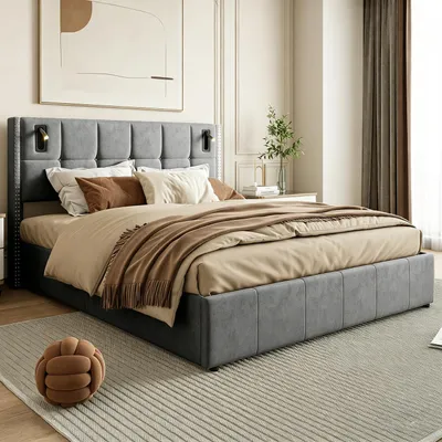 Image de Lit tapissier INONEFT avec rangement, 160 x 200 cm, lit double avec coffre hydraulique, idéal pour les adolescents, en velours, couleur gris