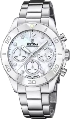 A studio shot of a silver women's watch with a white mother-of-pearl dial.