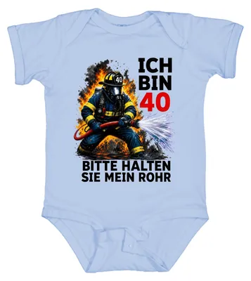 Productafbeelding van Ik ben 40. Houd mijn pijp. Brandweer-uitspraak. Sarcasme. Babyromper, lichtblauw, maat 3/6