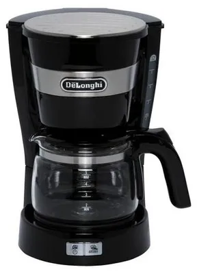 A black DeLonghi coffee maker with a glass carafe.