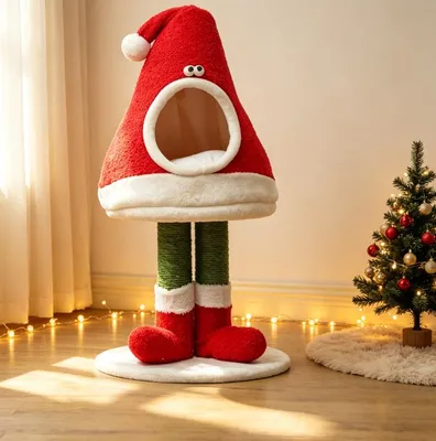 Produktbild von Weihnachten Katzenbaum Niedlicher Katzenturm mit Weihnachtsmütze & 2 Sisal Kratzbäume,Weihnachts-Indoor-Katzenspielcenter für Weihnachts Geschenk