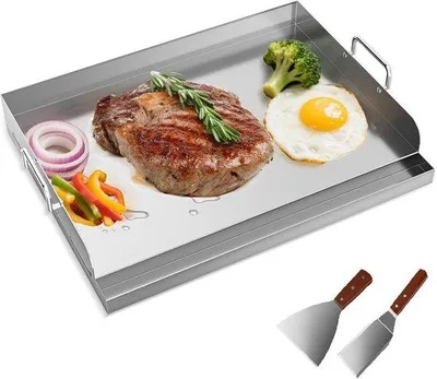Produktbild von Famanu Plancha Grillplatte 54 x 41 cm - Edelstahl mit Fettablauf und 2 Grillspateln