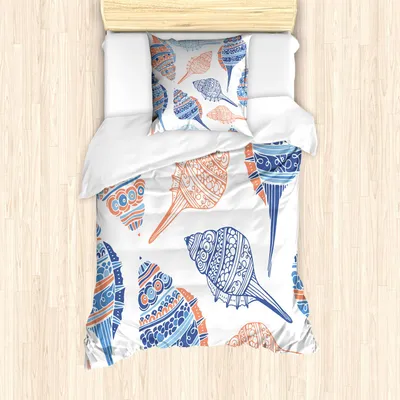 Produktbild von ABAKUHAUS Muschel Bettbezug Set, Maritime Sealife Sea Creatures Bunte Muscheln in Strand-Gekritzel, 135 x 200 cm + 80 x 80 cm, Blau Weiß blasse Orange