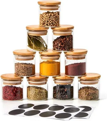 Produktbild von Unyqoos® Gewürzgläser 10er-Set 70 ml – luftdichte Vorratsgläser aus Borosilikatglas mit Bambusdeckel & Silikonring, Ø5,5 x 6 cm, inkl. Kreideetiketten, -20–150 °C