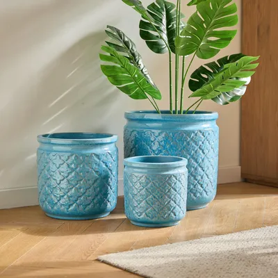 Immagine prodotto di Set di 3 vasi in Vetroceramica, colore blu antico, diametro 38,1/30,5/22,9 cm