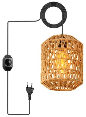 Produktbild von Vintage Hängelampe mit Stecker, E27 Retro Pendelleuchte mit 4,5M Kabel und Hanfseil Lampenschirm, Fassung Lampenkabel mit Schalter für Schlafzimmer Foyer Balkon, Ohne Birne