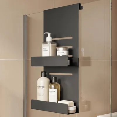 Image de doporro Étagère Douche à Suspendre, Étagère Salle de Bain Noir à 2 Niveaux avec 3 Crochets,  Support Douche sans Perçage, pour Paroi de Douche, Oryne-01