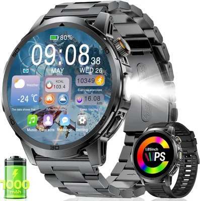 LIGE Smartwatch Herren 1,85" HD Touchscreen, 1000mAh Akku, Bluetooth Anrufe, LED-Taschenlampe, 120+ Sportmodi, SpO2/Herzfrequenz/, IP68 wasserdicht