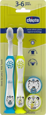 Image de Chicco Brosses à dents enfants Duo pour 3-6 ans, Design Tiger & Panda, pack de 2