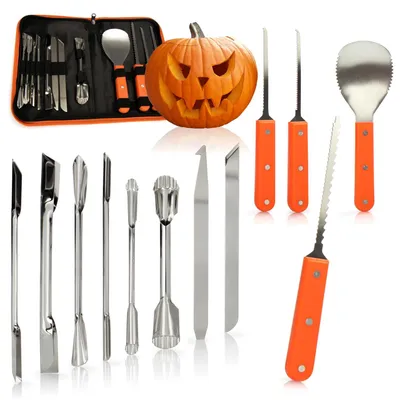 12-tlg. Halloween-Pompoensnijset – Messer, Löffel & Zubehör in Tasche