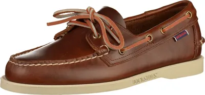 A single brown leather boat shoe is shown from a side-diagonal angle against a white background.