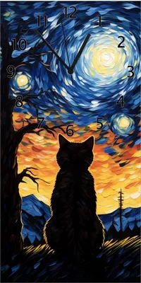Produktbild von Wallario Design Wanduhr bedruckt, Größe 30 x 60 cm, Motiv: Katze im Sternenlicht