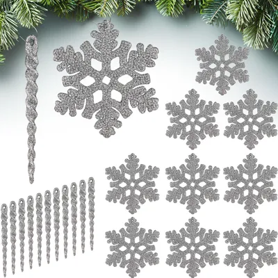 Produktbild von BRUBAKER Baumschmuck Eiszapfen und Schneeflocken Glitzer - 22-TLG. Weihnachtsbaumschmuck Set zum Hängen - Bruchsicher Christbaumschmuck - Deko, Silber