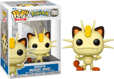 A Funko Pop! vinyl figure of the Pokemon character Meowth, shown both inside its packaging and displayed separately.