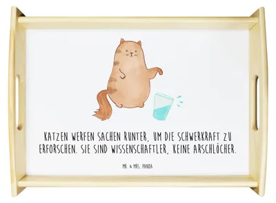 Produktbild von Mr. & Mrs. Panda Tablett Katze Wasserglas - Weiß - Geschenk, Servier, Cat, Katzen, sofatablett, Wasser, Holztablett, Neugierig, aus holz, Cats, Deko