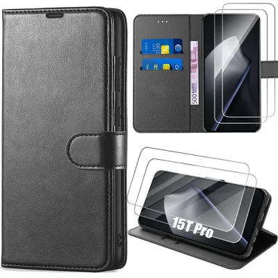 Image de Coque + 2 Verres Trempés pour Xiaomi 15T Pro, Protection Flip Case Anti-Rayures Effet Cuir Noir