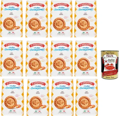 A collage of Campiello cookies and a can of Italian Gourmet polpa.
