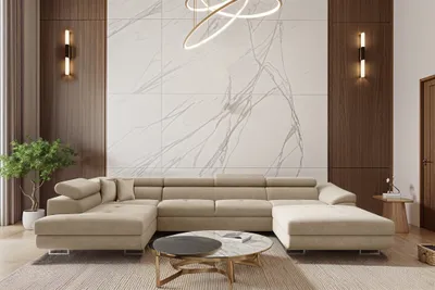 Produktbild von Wohnlandschaft Schlafsofa Sofa CARMELO in Stoff Nova Beige Ottomane Rechts