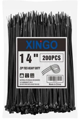 Immagine prodotto di Fascette stringicavo, lunghezza 35,6 cm, colore nero, resistenza alla trazione 34 kg, resistenti ai raggi UV, confezione da 200 pezzi