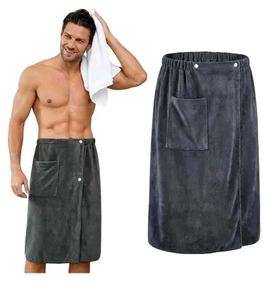 Produktbild von Saunakilt für Herren mit Taschen 70x140 cm, Verstellbares Saunatuch mit Druckknopf und Elastischem Bund, Rutschfest und Schnelltrocknend, Saunahandtuch für Sauna, Fitnessstudio, Dusche, Spa und Strand (Grau)