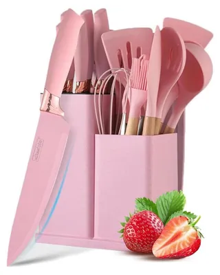 Immagine prodotto di Set di utensili da cucina da 19 pezzi con coltelleria, base porta coltelli rosa, silicone, acciaio inossidabile, antiaderente