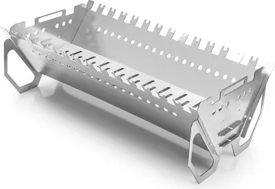 A stainless steel camping grill is shown from a slightly elevated side angle against a white background.