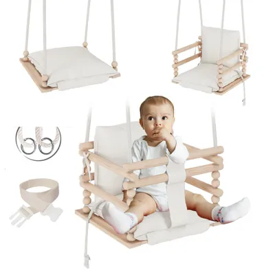 Zdjęcie produktu dla MAMOI® Huśtawka dziecięca 3 w 1 + PAS BEZPIECZEŃSTWA | Regulacja wysokości 190-260cm | Drewniana huśtawka dla dzieci | Wewnętrzna huśtawka dla dzieci