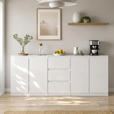 Produktbild von Sideboard Weiß mit 4 Türen und 3 Schubladen, 200 x 40 x 80 cm, Hochglanzfronten, 3 Schubladen, verstellbare Einlegeböden und Kippschutz