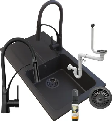 Zdjęcie produktu dla Granitan | Zlewozmywak granitowy TASOS - czarny - z baterią NEXO - syfon manualny - elegancki design