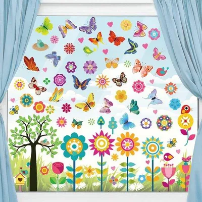 Image de Décorations estivales - Fleurs, papillons et décorations printanières - Autocollants soleil pour fenêtres