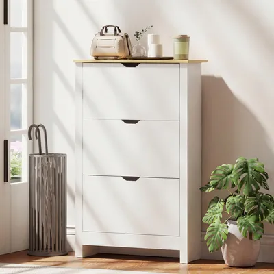 Image de Meuble à chaussures à 3 tiroirs coulissants, spacieux, en aggloméré MDF, blanc et bois naturel | 72 x 26 x 112 cm | 18 paires | Système anti-basculement
