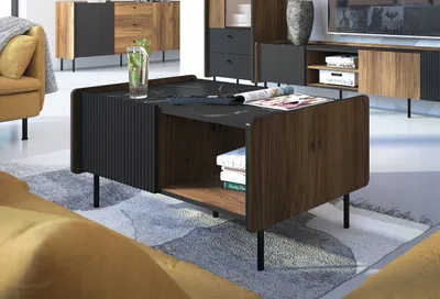 Produktbild von Couchtisch DC-6 Marmor Schwarz - Nussbaum Tisch Wohnzimmertisch mit Ablagefläche
