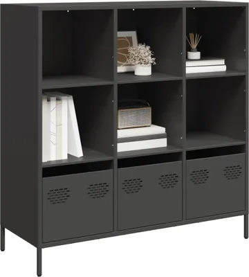 A dark gray highboard with multiple compartments and drawers, standing on thin metal legs.