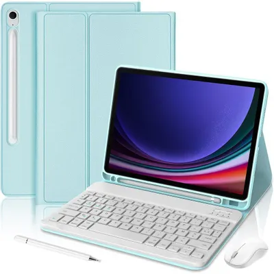Image de Coque Clavier pour Samsung Galaxy Tab S9 (11 Pouces) Bleu avec Clavier Bluetooth + Souris + Stylet