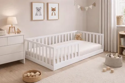 Produktbild von Kinderbett Einzelbett 90x200 cm Weiß Montessori Bodenbett Jugendbett mit Rausfallschutz