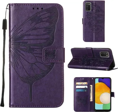 Produktbild von Galaxy A03S Hülle, Schmetterling Prägung Flip Leder Kartenfächer Schutzhülle Ledertasche mit Ständer für Samsung Galaxy A03S Lila