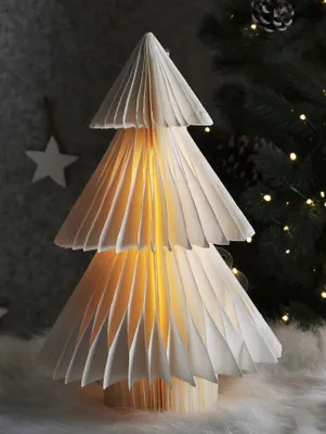 Produktbild von LED Papier Weihnachtsbaum Deko - 30 cm - Falt Tannenbaum beleuchtet zum Stellen Wiederverwendbarer Weihnachts Baum weiß
