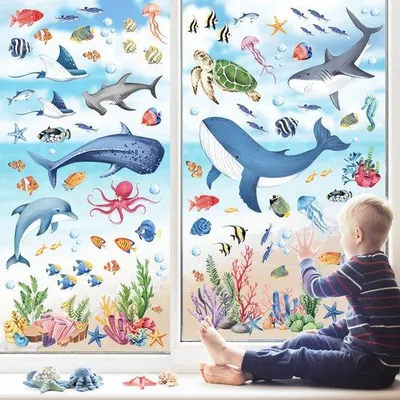Produktbild von Ozeanische Wandstickers Unterwasserwelt Meer Fische Wandstickers Unterwasser Delfin Seekuh Wal Wandstickers Fische Wandstickers Frühling Sommer Badezimmer Glasdekoration