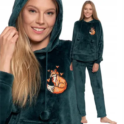 Produktbild von Warmer Samt-Damenpyjama mit Fuchs- und Kapuze, Känguru-Muster, MORAJ L GRÜN