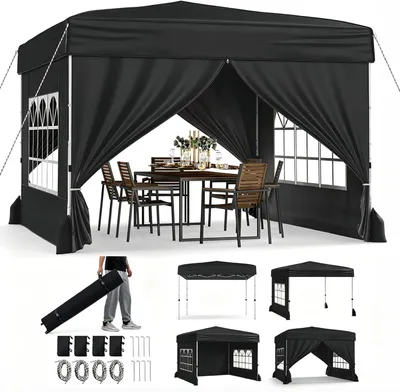 Obrázok produktu pre KOMFOTTEU, skladací pavilón 3x3 m, vodeodolný, s 4 bočnými stenami a 4 vreckami na piesok, záhradný pavilón s 3-stupňovou nastaviteľnou výškou, s prepravnou taškou, vhodný na pláž, svadby a kempovanie, čierna farba