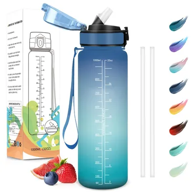 Produktbild von Omgoods – Trinkflasche 1000 ml – Auslaufsichere Sportflasche mit Strohhalm und Zeitmarkierung