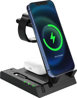 Produktbild von 3-in-1 Wireless Ladegerät Stand 15W Schnelllade-Dock Station für IOS Kopfhörer Uhren Handys Schwarz