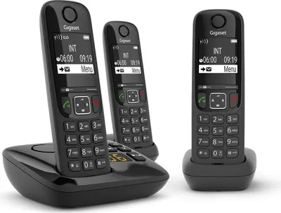 Produktbild von Gigaset AS690 Trio, DECT-Telefon, Kabelloses Mobilteil, Freisprecheinrichtung, 100 Eintragungen, Anrufer-Identifikation, Schwarz
