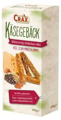 Produktbild von Cräx Käsegebäck Blätterteig-Stäbchen-Mix 100 g, Käse, Sesam, Mandel, Kümmel