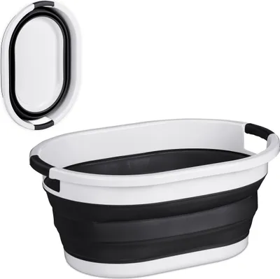 Produktbild von Relaxdays Wäschekorb faltbar, 36 Liter, Wäschewanne Kunststoff, platzsparend zusammenklappbar, mit Griffen, schwarz/weiß